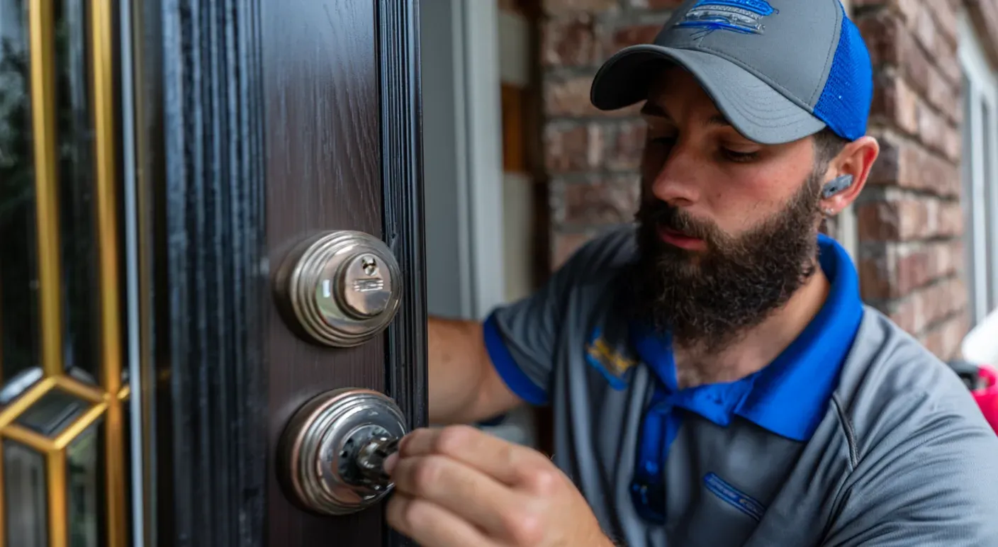 Mobile locksmith in Huntsville AL rekeying a deadbolt on a residential front door